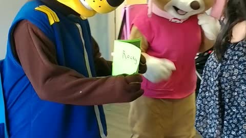 Houston mascot party character chase & Skye at gymnastics academy teach to recycle at birthday