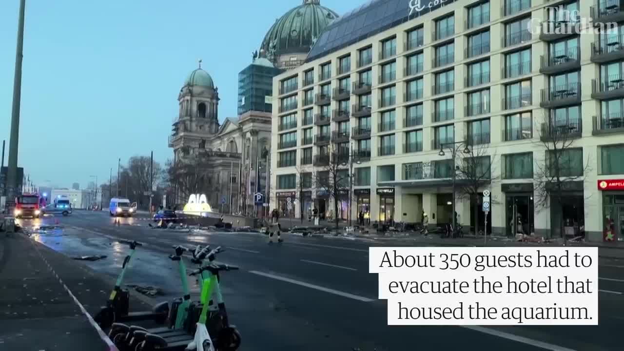 Huge aquarium bursts open wrecking Berlin hotel lobby