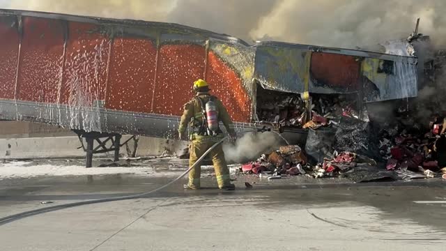 Massive Fire on Semi Truck Carrying Thousands of Shoes