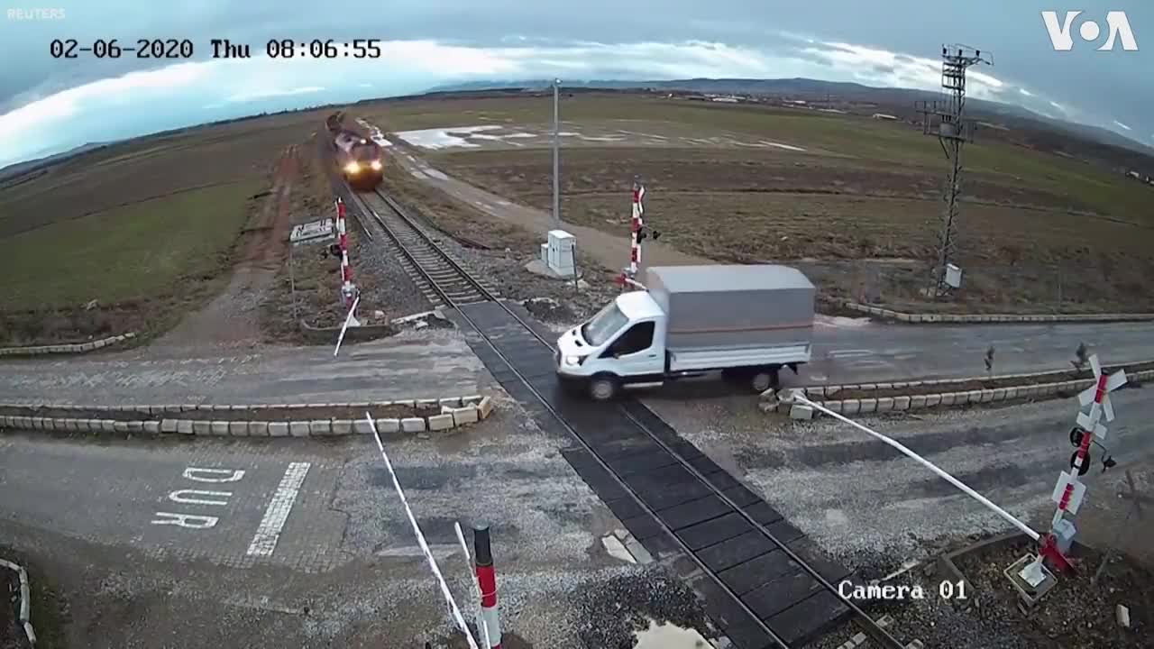 CCTV Footage Shows Train Smashing Into Truck at Crossing in Turkey