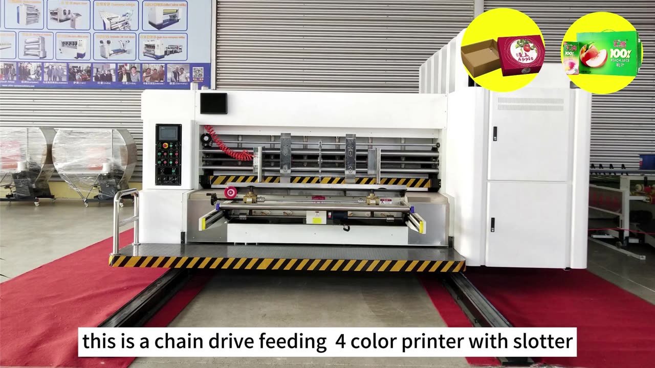 Chain drive feeding four color flexo printing machine with slotter