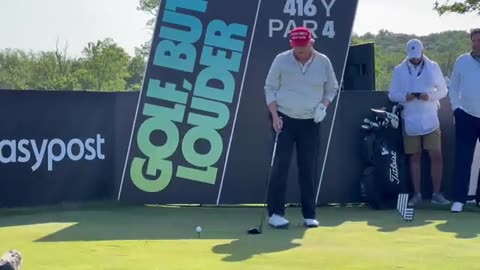 President Donald Trump teeing off at the LIV Golf ProAm Tournament at Trump National in Virginia