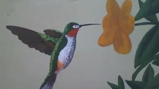 Hummingbird green and white next to an orange flower, drawn on the wall [Nature & Animals]