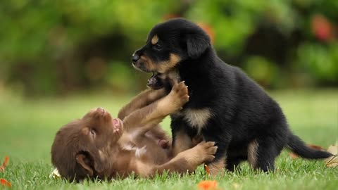 Cute puppy playing in garden