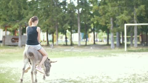 A woman riding a donkey in the stables