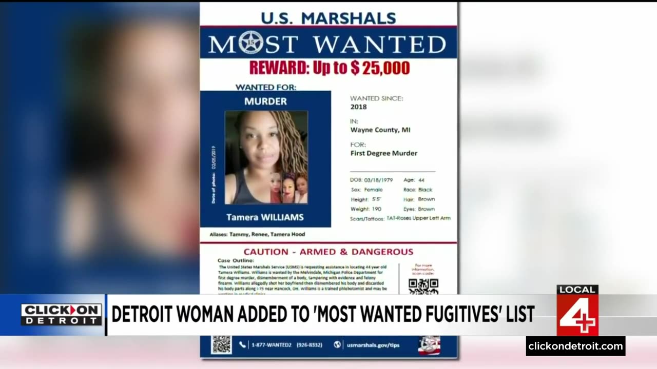 ‘She is a monster’ -- Detroit woman added to 15 Most Wanted Fugitives list