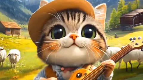 Cat Playing Guitar in a Peaceful Sheep Pasture