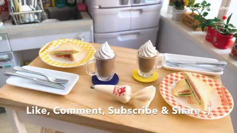 Toy Food Cooking | Re-Ment Mini Kitchen | Toy Miniatures | Ham & Cheese Toastie & Hot Chocolate ASMR