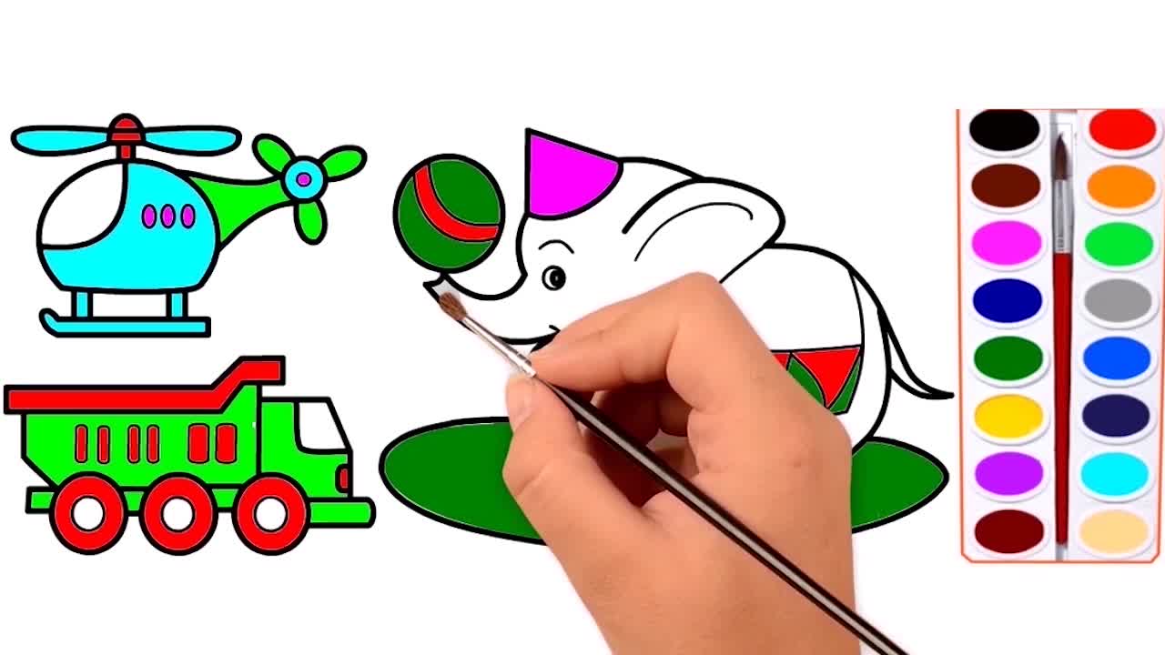 Drawing and Coloring for Kids - How to Draw Helicopter, Lorry, and Elephant