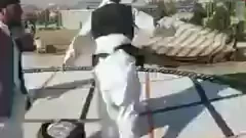 Taliban soldiers find a trampoline In Kabul