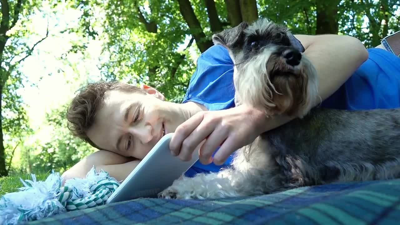 Boy lying with his dog on blanket in the park and using tablet