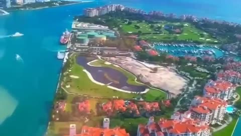 The helicopter view of fisher island in miami.