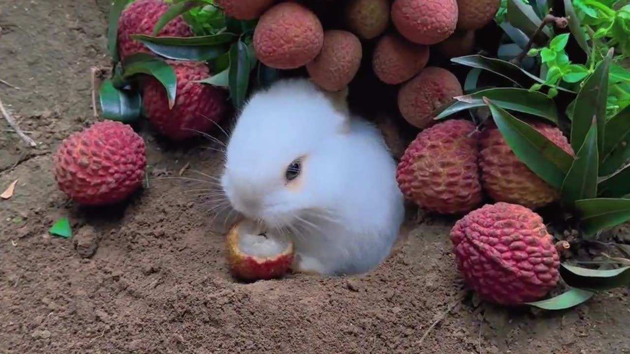 The little bunny that loves to eat lychee.