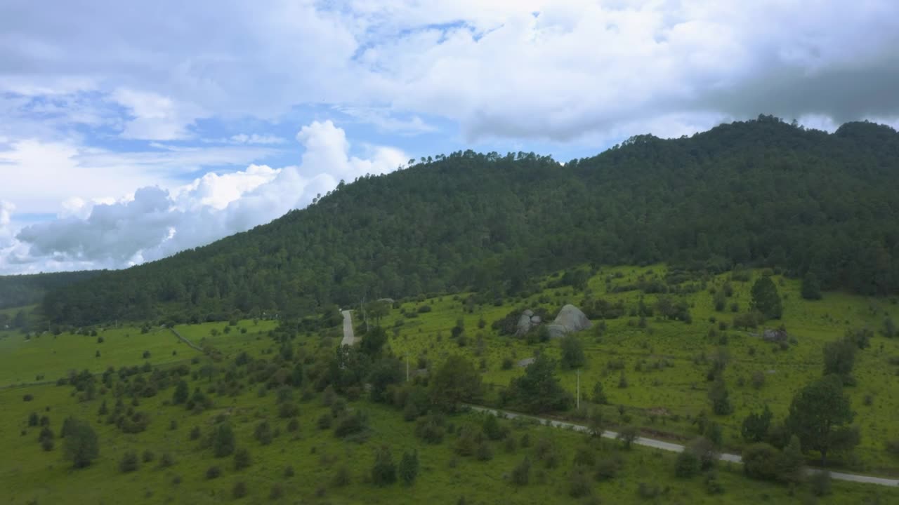 Flying over tree-covered mountains