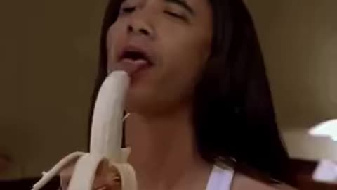 A banana being enjoyed with joy