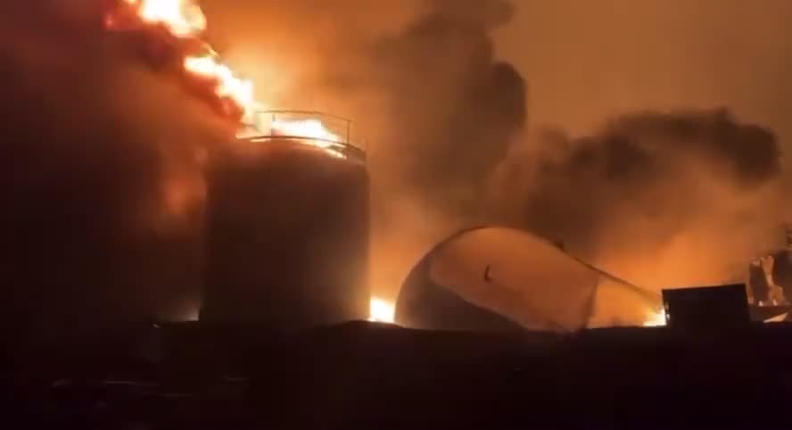 Explosion at an oil depot causes flames in Rovenki, Ukraine