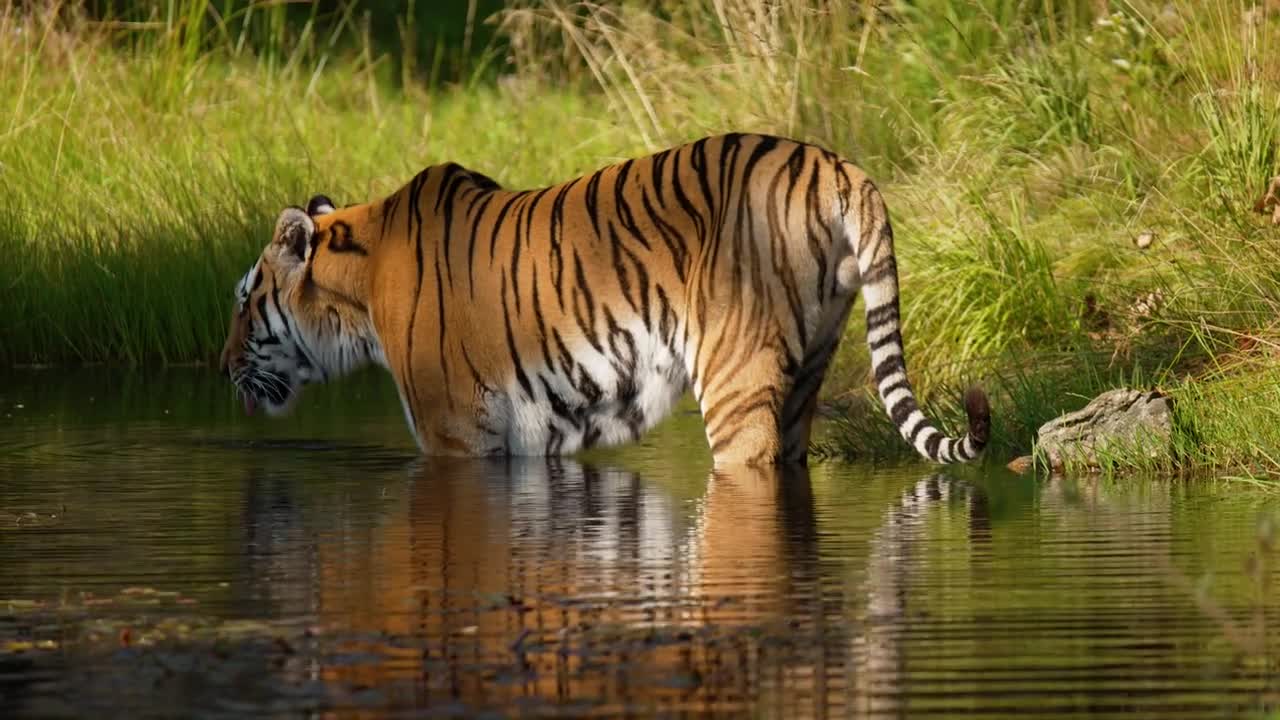 Tiger standing in a pond in the forest and drink water