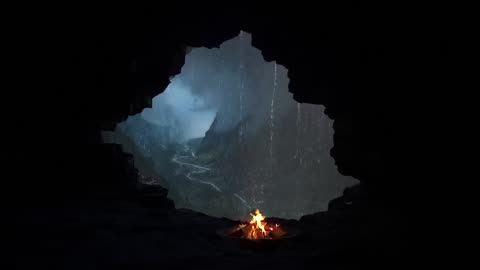 Deep Sleep in a Cozy Rainy Thunder Cave Bonfire Sounds and for Stress Relief