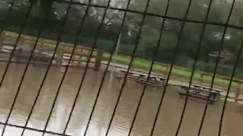 THIS PUB GARDEN IS FLOODED, HAD TO CLOSE DOWN THE PUB