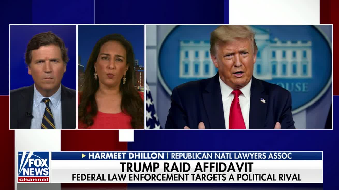 Tucker Carlson and Harmeet Dhillon discuss the recently declassified Mar-A-Lago affidavit