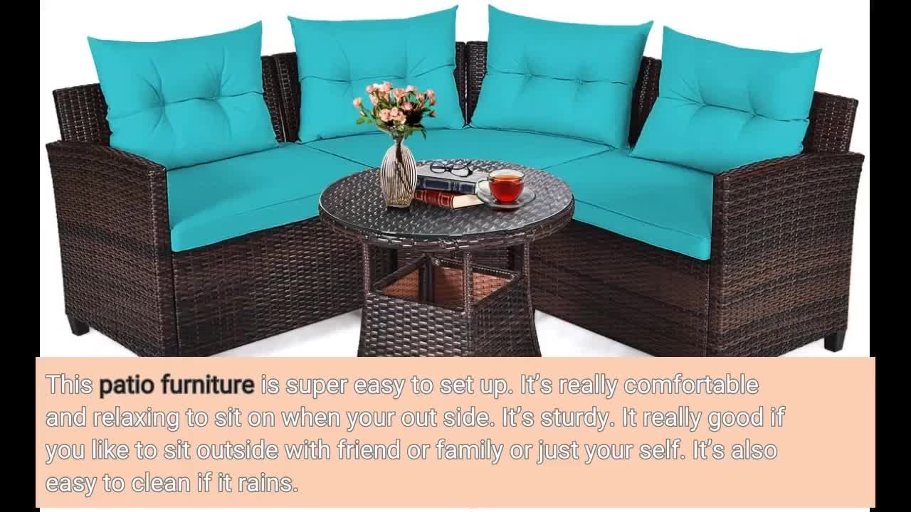 Tangkula 4 Piece Patio Furniture Set, Rattan Table Chair Set, Modern Wicker Rattan PE Conversation