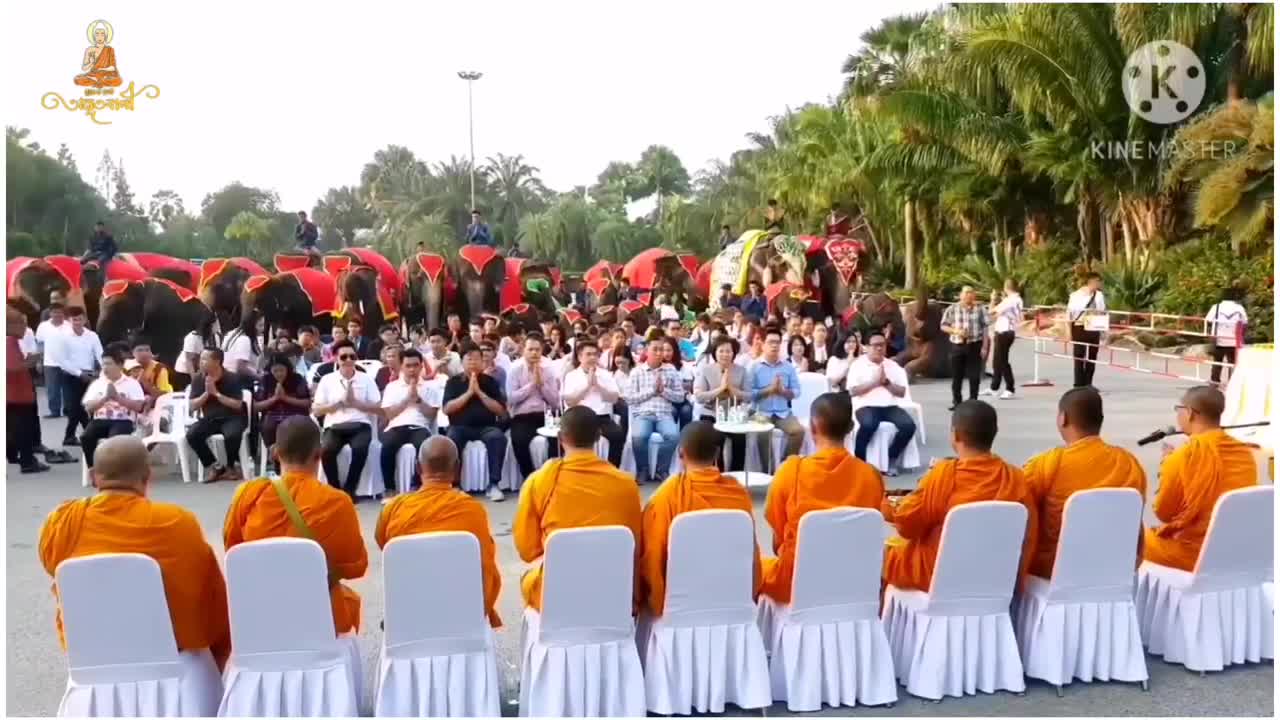 The Elephants are offering food to the Buddhist Monks.