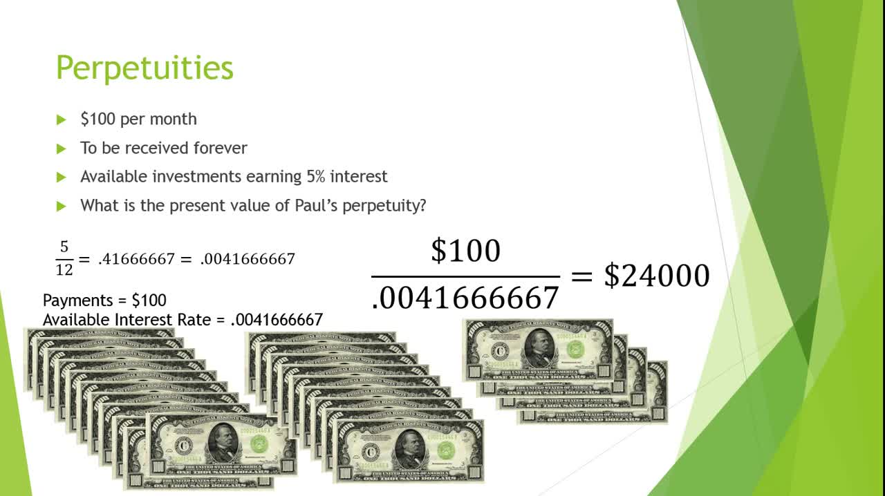 Perpetuity Lesson/Tutorial: Definition, Present Value of a Perpetuity Formula & Examples