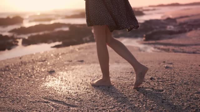 How A Beautiful View Of A Cute Girl Walking On The Beach At Sunset