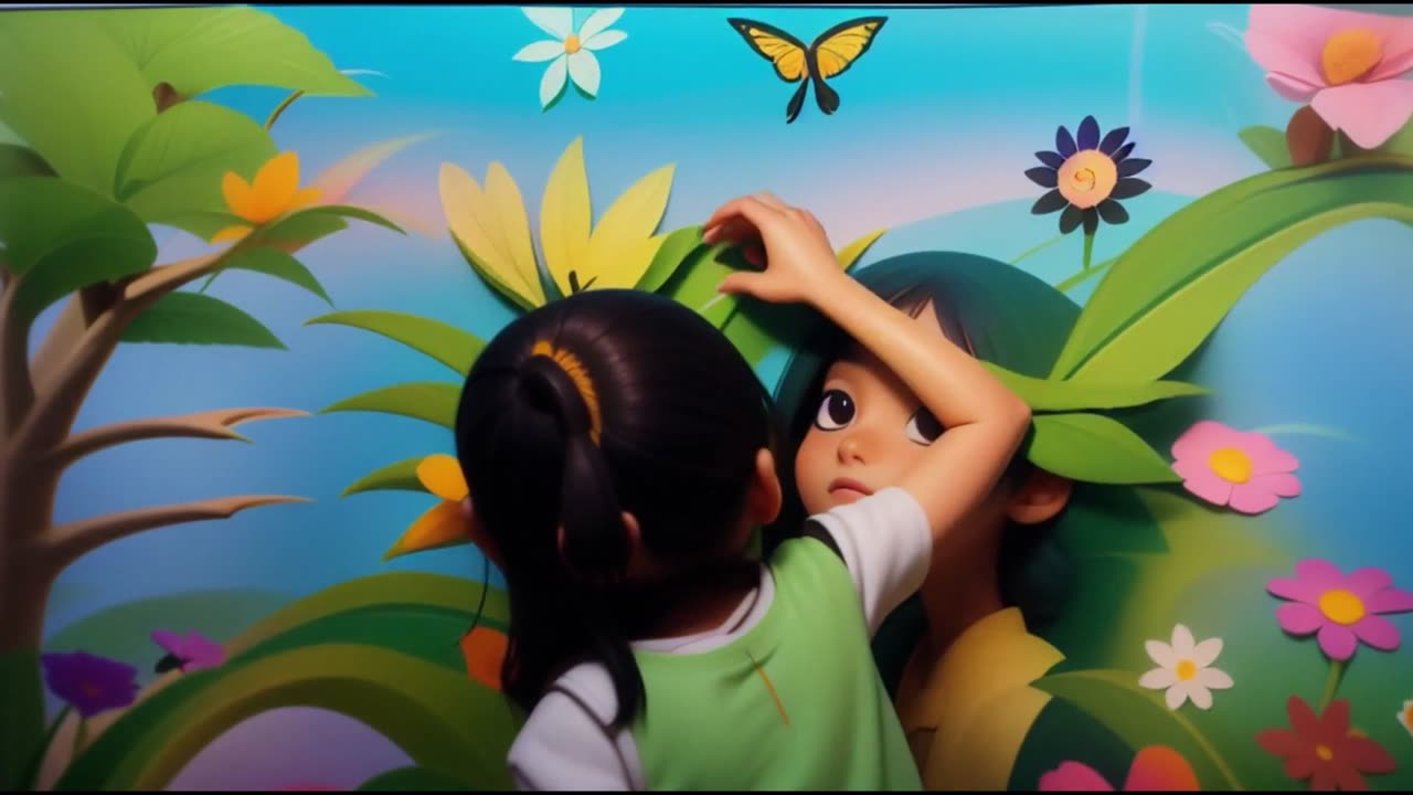 A little girl draws a beautiful painting.