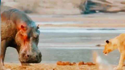 Hippo and lion fight ،Animal fight video