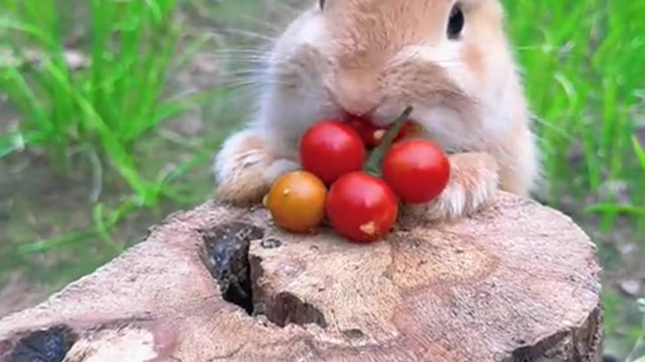 The little bunny eats tomatoes in a funny and adorable way.