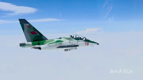 Flight beyond the clouds of a Yakovlev Yak-130 in service with the Belarus Air Force
