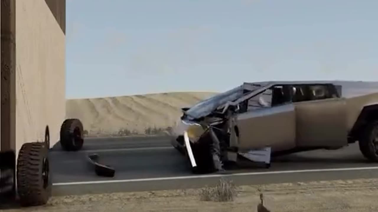 Crash test physics simulation of Tesla Cybertruck at increasing speeds