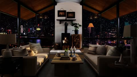 Relaxing jazz and fireplace sound with City night view | Soft crackling fire cozy ambience 8HR