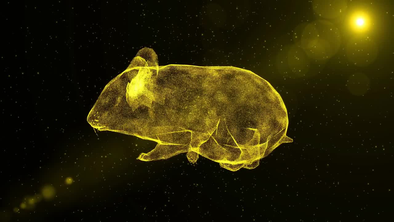 Glowing Hamster, abstract rodent walking through particles, fantasy 3D animation