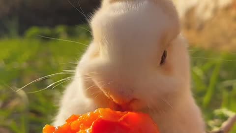 Little rabbit eats strawberries