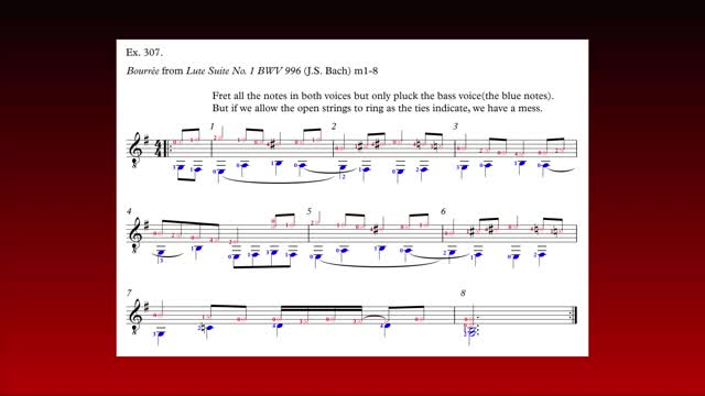 Video #63: Allowing open strings to ring in the bass voice, Bourrée (J.S. Bach), m1-8