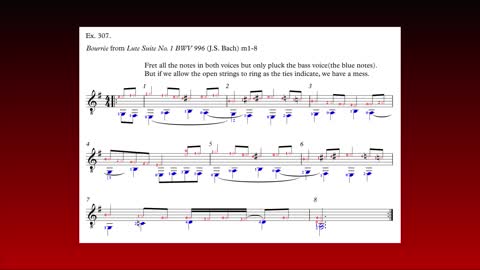 Video #63: Allowing open strings to ring in the bass voice, Bourrée (J.S. Bach), m1-8