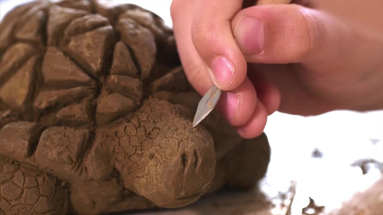 Child is scratching the texture of the scales on handmade turtle toy from clay