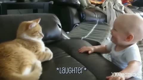 The cat is pawing at the child's hand, the child is laughing, love you,