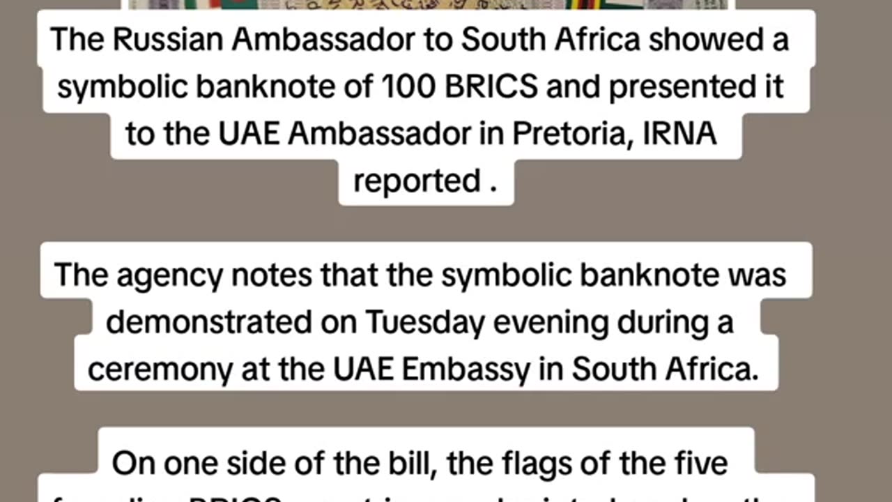 The #Russian Ambassador to #SouthAfrica showed a symbolic banknote of 100 BRICS