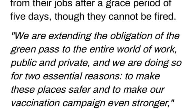 Italy makes healthy pass mandatory for all workers & anyone without it faces suspension with NO PAY
