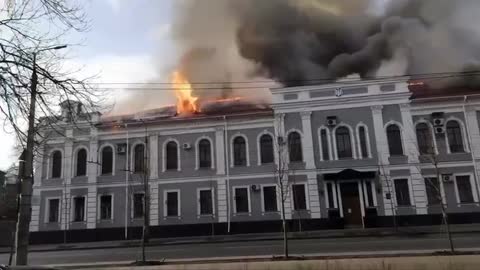 SBU building in Chernihiv on fire, which was just hit by two Russian shells.