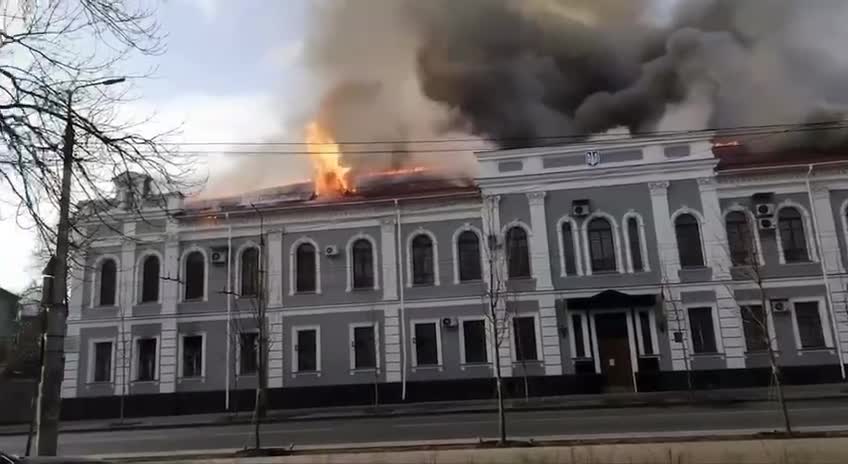SBU building in Chernihiv on fire, which was just hit by two Russian shells.