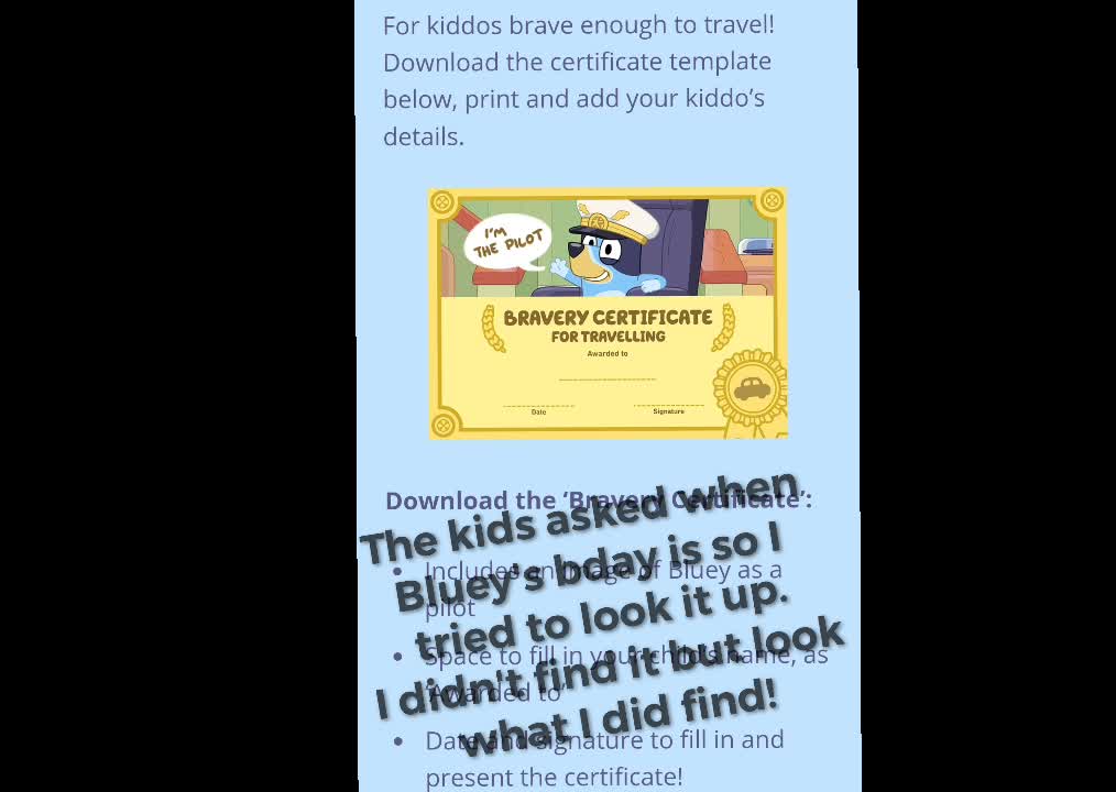 Bluey's Brave Traveler Certificate