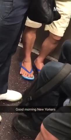 Blue flip flops 6 toe subway train good morning new york