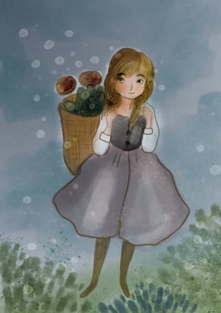 I draw a girl with a basket of flowers