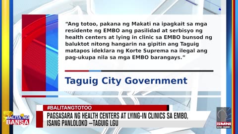 Pagsasara ng health centers at lying-in clinics sa Embo, isang panloloko —Taguig LGU