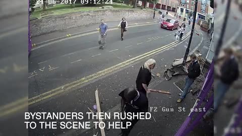 Shocking moment man walks away after being hit by bus