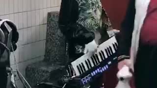 Man with cat costume head playing music